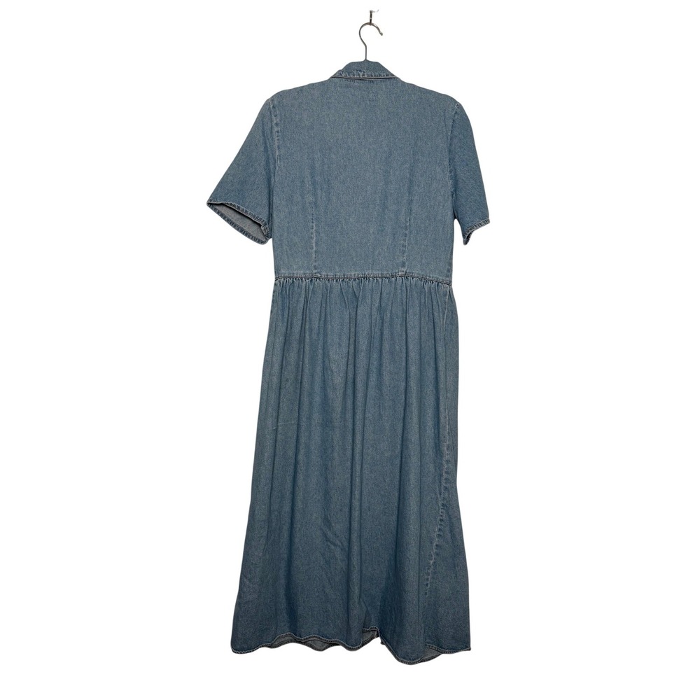 Vintage 90s Denim Long Button up dress Floral Embroidery Short Sleeve 8 - Picture 3 of 4
